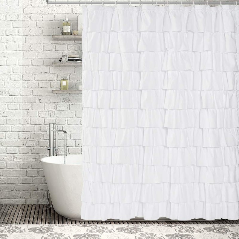 WestWeir Ruffle Shower Curtain,84-inches Extra Long,White Ruffled Bath Curtains for Bathroom,Fabric Farmhouse Decor,Soft Touch Decorative Cloth Texture,(L84xW72 inch,1 Panel) - Image 5